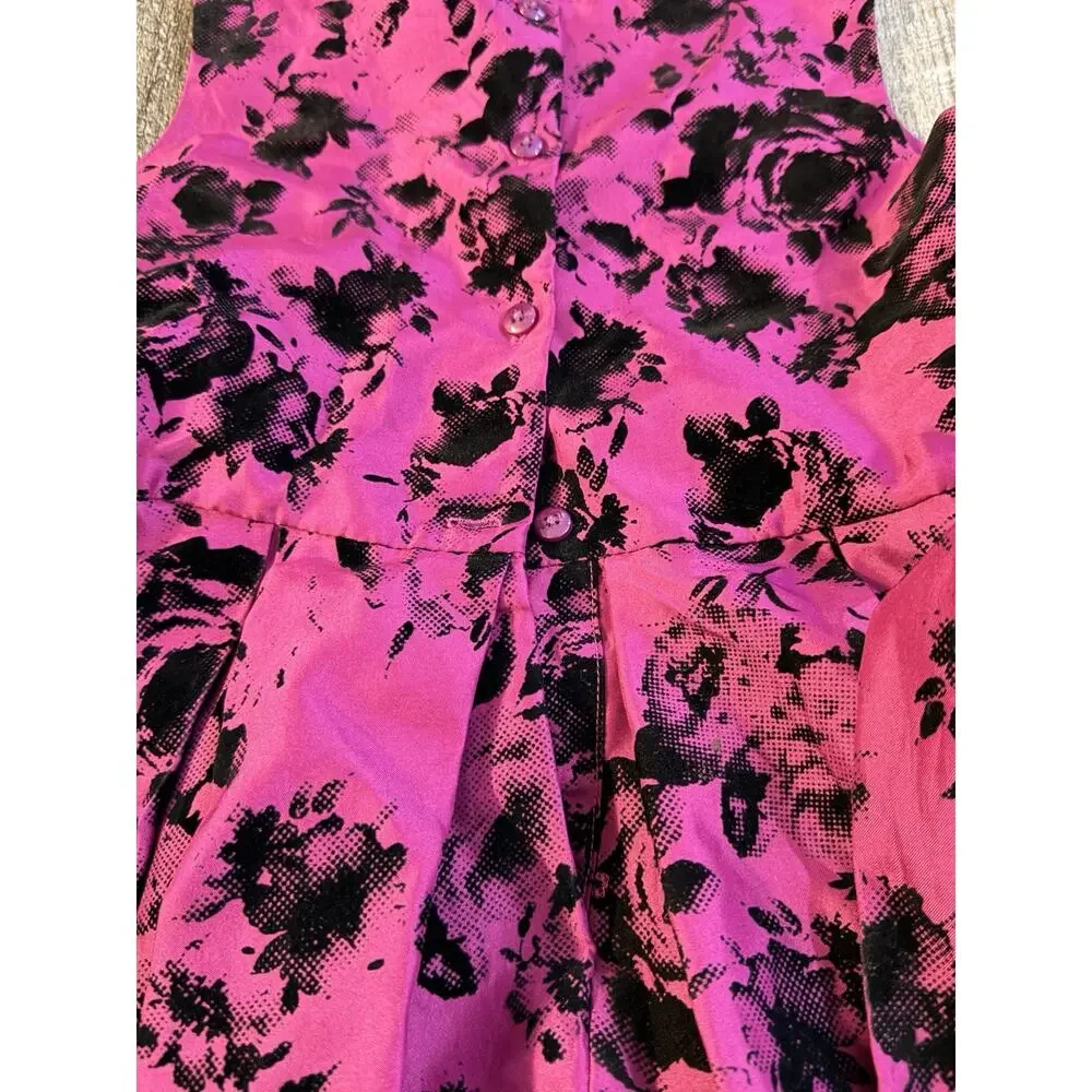 Jona Michelle Girls Hot Pink Black Velvet Flocked Floral Dress Size 12 Party